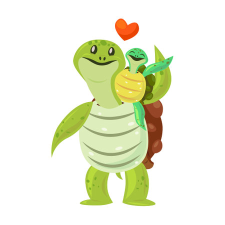 Cute happy turtle with a baby. Funny cartoon character dancing, sleeping, eating, enjoying leisure. Flat vector illustration for animals or wildlife conceptのイラスト素材