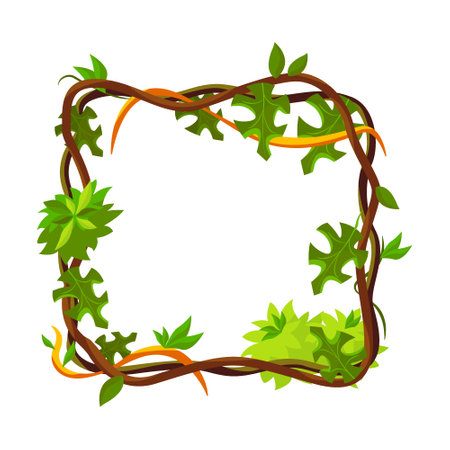 Green tropical frame. Cartoon frame shaped lianas, jungle plant branches with leaves, borders with copy spaceのイラスト素材