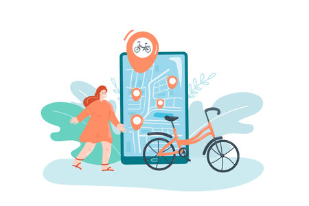 Girl searching for bicycle parking flat vector illustration. Bike and phone with map on screen. Transportation, navigation concept for banner, website design or landing web pageのイラスト素材