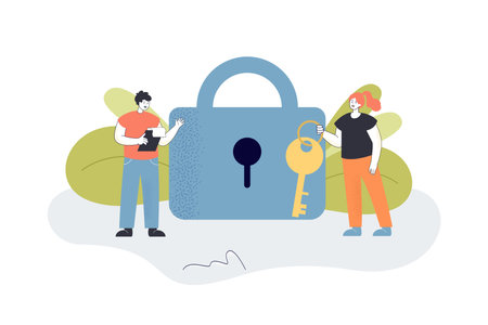 Man and woman holding key flat vector illustration. People picking lock, solving problems. Security, cooperation, opportunity, protection concept for banner, website design or landing web pageのイラスト素材