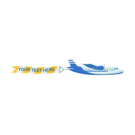 Creative plane flying with advertising banner flat illustration. Cartoon aircraft, airplane and biplane with ribbon isolated vector illustration. Aviation and advertisement conceptのイラスト素材