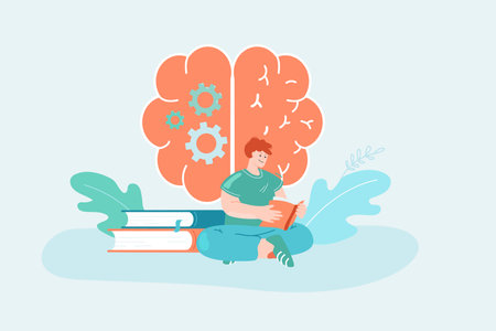Male character reading book flat vector illustration. Huge human brain in background. Education, growth, development, study concept for banner, website design or landing web pageのイラスト素材