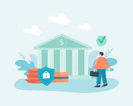 Money insurance flat vector illustration. Businessman depositing money in bank. Money protection, security, guarantee, investment concept for banner, website design or landing web pageのイラスト素材
