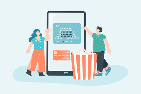 People selecting movie theater seats online. Man and woman paying for tickets via mobile application. Entertainment, cinema, media, cyberspace concept for banner, website design or landing web pageのイラスト素材
