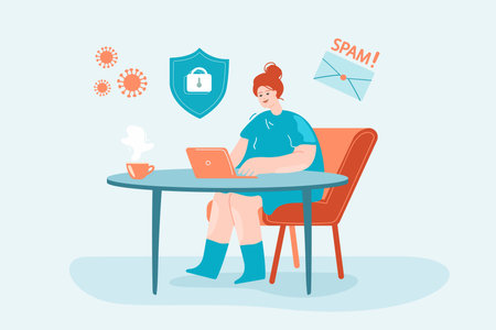Girl working on laptop at table flat vector illustration. Woman protecting data on device from spam and viruses. Safety, protection, privacy concept for banner, website design or landing web pageのイラスト素材