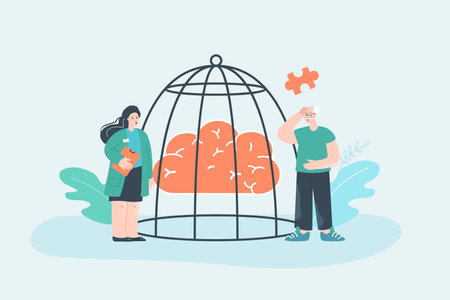 Brain of senior patient in cage flat vector illustration. Elderly man having Alzheimer disease or problems with memory. Healthcare, dementia concept for banner, website design or landing web pageのイラスト素材