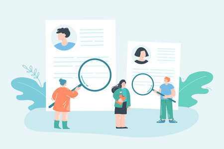 HR managers looking at CV of candidate through magnifier. Recruiters selecting resumes of job seekers flat vector illustration. Employment concept for banner, website design or landing web pageのイラスト素材