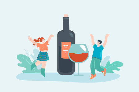 Tiny people celebrating and drinking wine. Happy friends spending time together and relaxing flat vector illustration. Greeting, enjoyment concept for banner, website design or landing web pageのイラスト素材