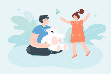 Father giving toy to daughter flat vector illustration. Dad sitting on floor and playing with little kid. Family, togetherness, love, care concept for banner, website design or landing web pageのイラスト素材