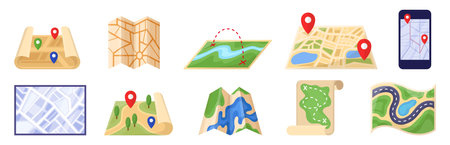 City maps of paper and phone screen vector illustrations set. Cartoon drawings of guidebooks with itinerary for tourists isolated on white background. Navigation, traveling, tourism conceptのイラスト素材