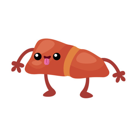 Funny human liver flat for web design. Cartoon cute stomach, lungs, spleen, bladder, kidney and brain isolated vector illustration. Anatomy and internal biology for design conceptのイラスト素材