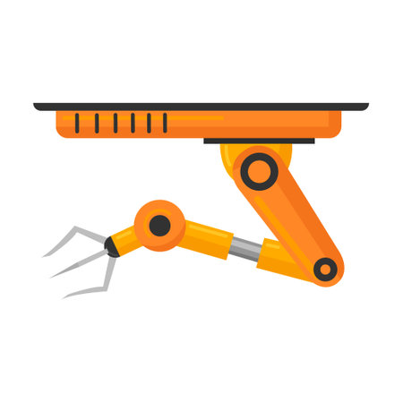 Industrial automatic arm. Robotic claws of different sizes and purpose, manufacture process with robots. For machine equipment, machinery, robotics, automation, production conceptのイラスト素材