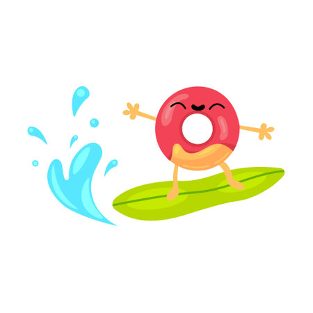 Summer donuts sticker. Beach party element, ice cream, rubber ring, watermelon, tropical cocktail. Vector illustration for swimming pool activities, holiday, leisure, travel conceptのイラスト素材