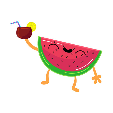 Summer watermelon sticker. Beach party element, ice cream, rubber ring, watermelon, tropical cocktail. Vector illustration for swimming pool activities, holiday, leisure, travel conceptのイラスト素材