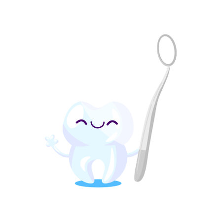 Tooth care. Happy funny tooth with toothbrush, paste, floss, sad molar with cavity or dental tool. Vector illustration for dental care, dentist visiting, hygiene conceptのイラスト素材
