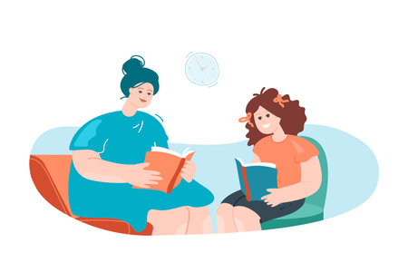 Mother and daughter reading book flat vector illustration. Mom studying with kid. Education, family, knowledge, motherhood, happiness concept for banner, website design or landing web pageのイラスト素材
