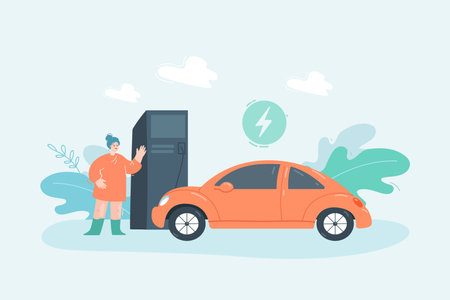 Woman charging car with electricity flat vector illustration. Electric car on charging station, getting energy from renewable generation. Power concept for banner, website design or landing web pageのイラスト素材