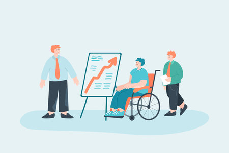 Office workers showing presentation or chart man on wheelchair. Employee with physical disability flat vector illustration. Disability, accessibility, business concept for banner or landing web pageのイラスト素材