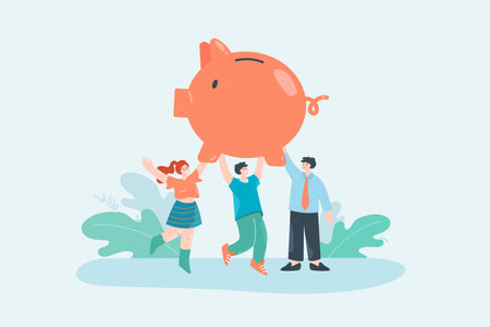 Tiny company people holding big piggybank. Office workers saving or investing money in project flat vector illustration. Finances, banking, savings concept for banner, website design or landing pageのイラスト素材