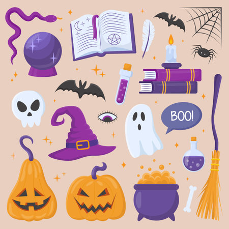 Cute purple Halloween stickers vector illustrations set. Collection of cartoon drawings of witchcraft or dark magic elements in boho style isolated on grey background. Halloween, witchcraft conceptのイラスト素材