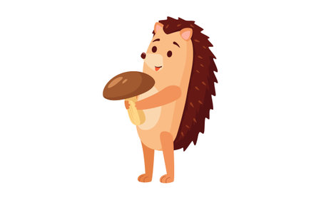 Hedgehog characters vector illustration. Wild animal holding mushroom isolated on white background. Wildlife, animal, nature, mascot conceptのイラスト素材