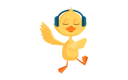 Cartoon duckling listening to music with headphones. Funny yellow baby chicks or ducks different activities, celebrating birthday, watching movie, dancing, sleepingのイラスト素材