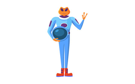 Alien in spacesuit. Astronaut galaxy invader cartoon character. Flat vector illustration. UFO and space conceptのイラスト素材