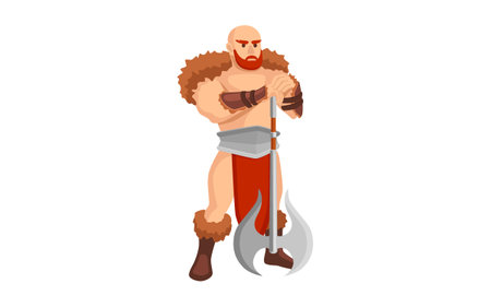 Cartoon monster and warrior vector illustration. Heroes with weapon isolated on white background. Computer game, fairy tale conceptのイラスト素材