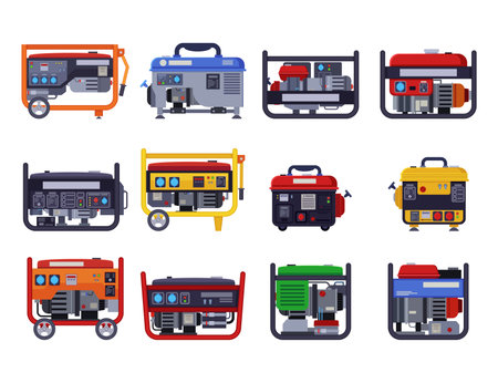 Different petrol generators vector illustrations set. Collection of cartoon drawings of portable electric power generators isolated on white background. Technology, electricity, energy or fuel conceptのイラスト素材