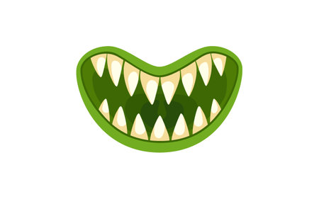 Green monsters mouth with teeth vector illustration. Goblin, troll or gremlin, tongue and teeth isolated on white background. Fantasy, Halloween, fairy tale conceptのイラスト素材
