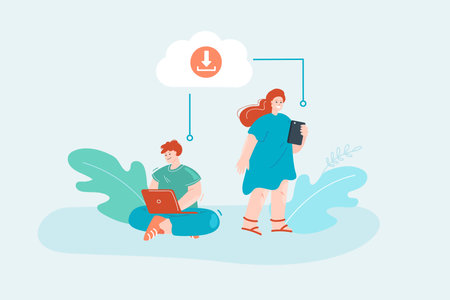 Colleagues with laptop and phone sharing files via internet. Office man and woman downloading files via online service flat vector illustration. Internet, communication, network concept for bannerのイラスト素材