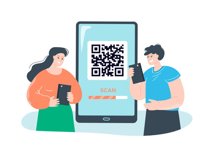 Happy couple with phones and huge smartphone with QR code. Scanning QR code using mobile app flat vector illustration. Shopping, technology concept for banner, website design or landing web pageのイラスト素材