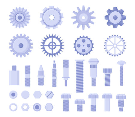 Bolt, screw, nut and cogwheel set. Vector illustrations of steel tools and industrial machine or engine parts. Cartoon side and top angle of different hardware isolated on white. Construction conceptのイラスト素材
