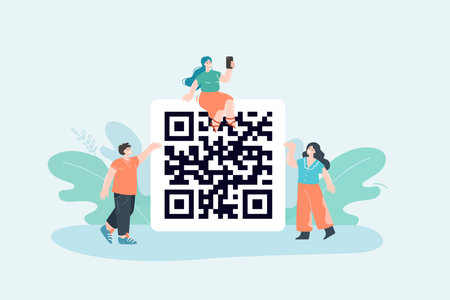 Tiny female customer with phone sitting on top of QR code. Tiny man and woman pointing at barcode...