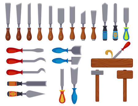Tools for carpentry and woodcarving vector illustrations set. Collection of chisels for sculptors or carpenters, instruments for woodworking isolated on white background. Woodwork conceptのイラスト素材