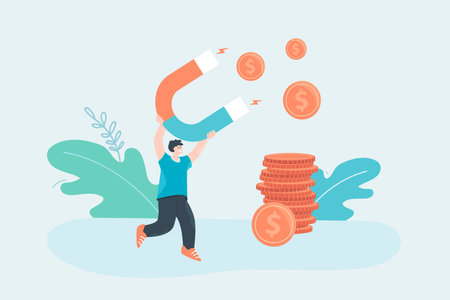 Happy tiny man with big magnet attracting gold coins. Businessman getting income or profit flat vector illustration. Finances, marketing, investment concept for banner, website design or landing pageのイラスト素材
