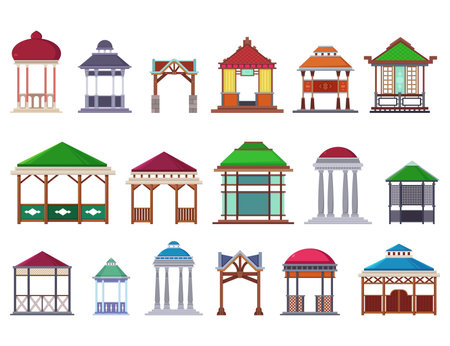 Gazebos or pergolas of different styles vector illustrations set. Cartoon drawings of bowers for wedding pavilion, shelter, park isolated on white background. Garden, conceptのイラスト素材