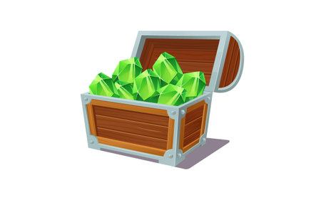 Open treasure chest with gems jewelry vector illustration. Game UI design. Pirate trophy conceptのイラスト素材