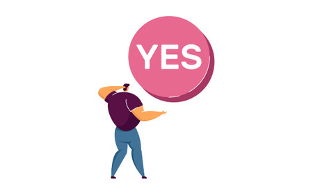 Young man choosing YES. Hand pointing, confused male character picking button to push, colleagues helping flat vector illustration. Choice, dilemma concept for bannerのイラスト素材