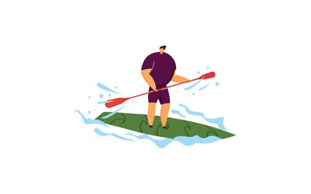 Man surf on board in or ocean. People playing, swimming, surfing, sunbathing flat vector illustration. Summer resort, vacation, water activity concept for banner, website designのイラスト素材