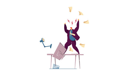 Furious boss swearing at office workers. Flat vector illustration. Office chaos, panic, shocked workers and nervous manager shouting. Business, conflict, management concept for banner designのイラスト素材