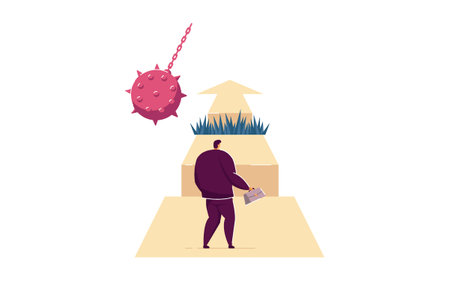 Difficult path of businessman to success, full of obstacles. Flat vector illustration. Brave guy going on career track, making efforts, overcoming adversity. Business, ambition, competition conceptのイラスト素材