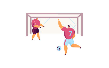 Cartoon football player kicking penalty flat vector illustration. Intense football match, decisive goal, opposing teams fiercely fighting for win on stadium. Football, soccer, playing, sport conceptのイラスト素材