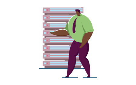 Corporate man monitoring operations flat vector illustration. Technology, cybersecurity concept for banner, website design or landing web pageのイラスト素材