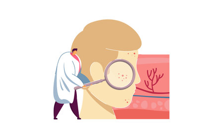 Dermatologist examining facial skin. Doctors treating inflammation, huge face flat vector illustration. Dermatology, cosmetology concept for banner, website design or landing web pageのイラスト素材