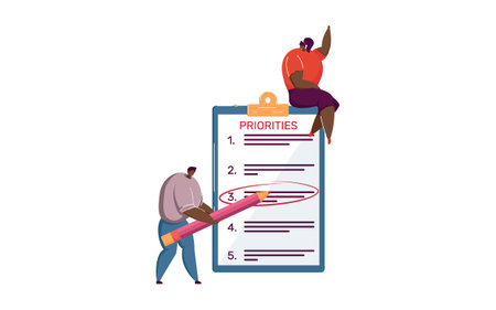 Tiny business people making priority list. Team prioritizing tasks in checklist, marking importance. Vector illustration for planning, agenda, efficiency, progress concept