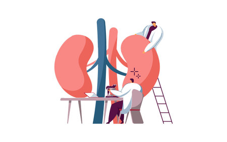 Doctors examining kidneys. Nephrology, physiology study, pharmacy research flat vector illustration....