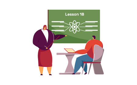 Physics lesson in classroom. Female teacher explaining and pointing at blackboard, pupils sitting at desks, black girl raising hand to answer. School, university, education conceptのイラスト素材