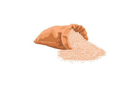 Textile sack with rice spread away illustration. White raw rice grain packaging in big brown bag. Food storage, packaging, fconcept for banner design or landing pageのイラスト素材