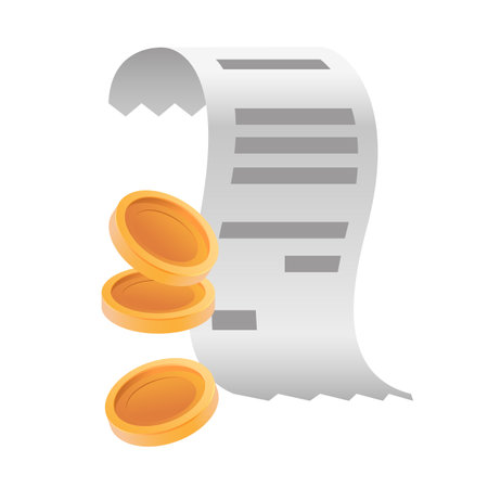 Paper receipt and gold coins 3D icon. Receipt and cash, document, cheque from shop, restaurant or cafe 3D vector illustration on white background. Finances, payment, business, shopping conceptのイラスト素材